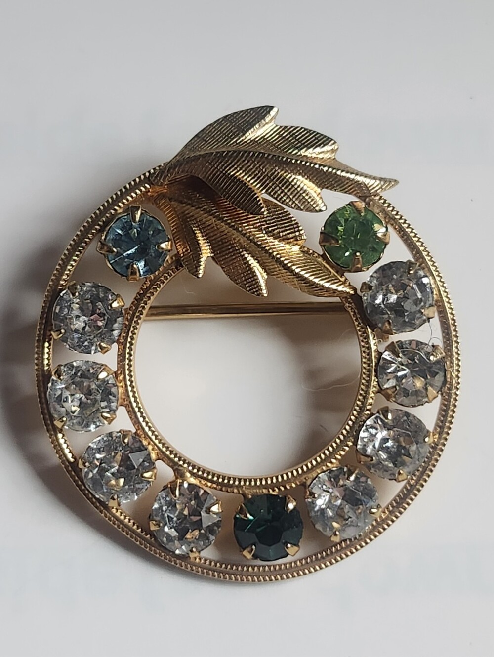 Vtg DCE 14k Gold Filled Crystal Wreath Brooch with Green and Blue Rhinestones